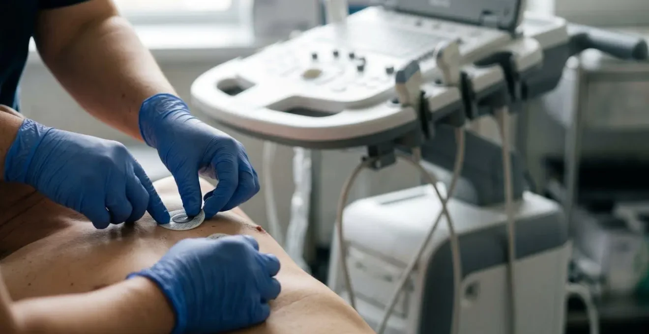 Medical professional using ultrasound to guide electrode placement on bariatric patient