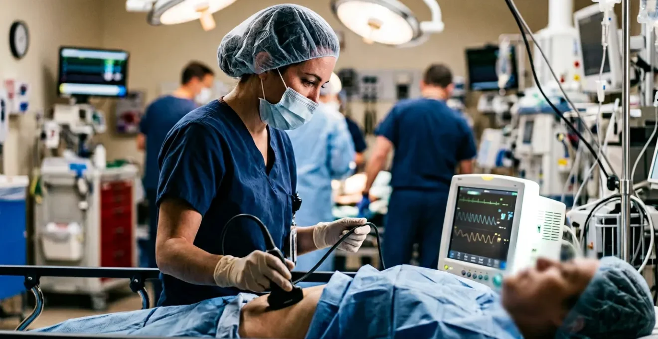 Emergency physician using handheld ultrasound device at patient bedside in critical care setting