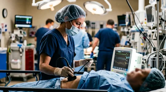 Emergency physician using handheld ultrasound device at patient bedside in critical care setting