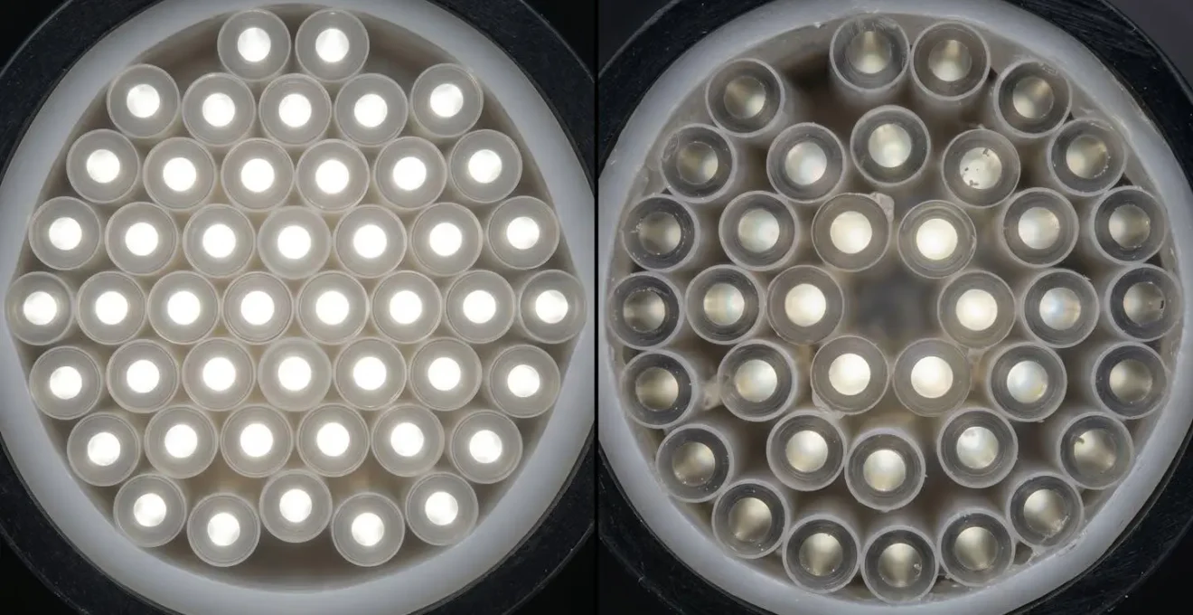 Macro view of endoscope fiber optic bundles showing repair quality differences
