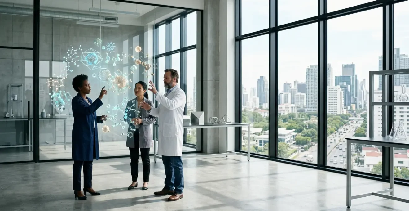 Epidemiologist researchers working with global health data visualization in a modern research center