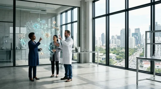 Epidemiologist researchers working with global health data visualization in a modern research center