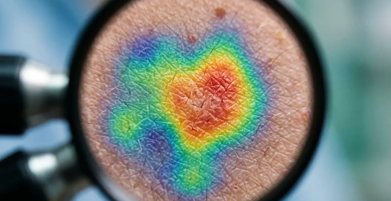 Close-up macro photograph of dermatological examination with AI analysis overlay showing heat mapping patterns