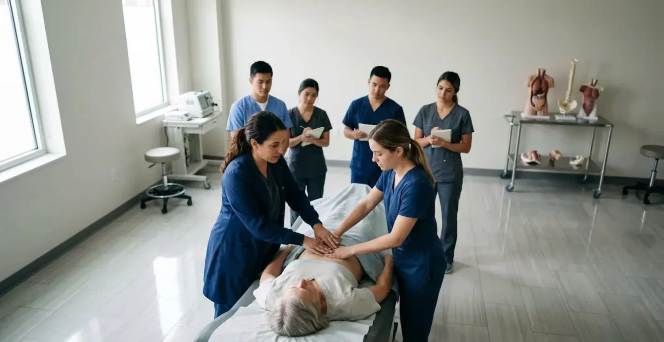 Medical educator guiding student through abdominal palpation technique