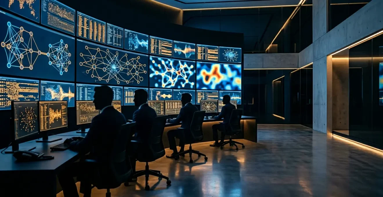 Advanced hospital security operations center with multiple monitoring screens and healthcare professionals analyzing cyber threats