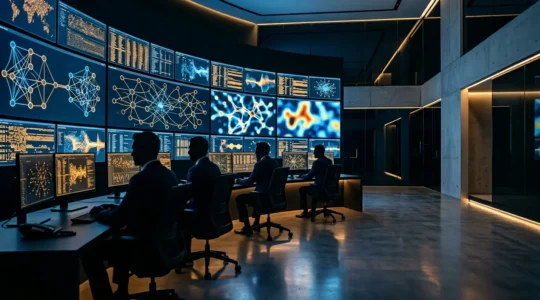 Advanced hospital security operations center with multiple monitoring screens and healthcare professionals analyzing cyber threats