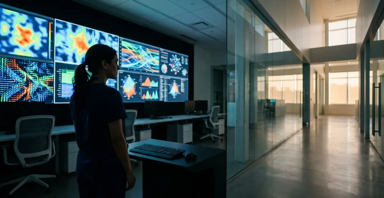 Healthcare professional analyzing real-time patient feedback on digital dashboard in modern hospital