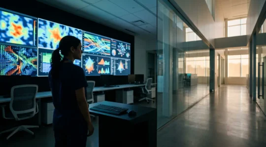 Healthcare professional analyzing real-time patient feedback on digital dashboard in modern hospital