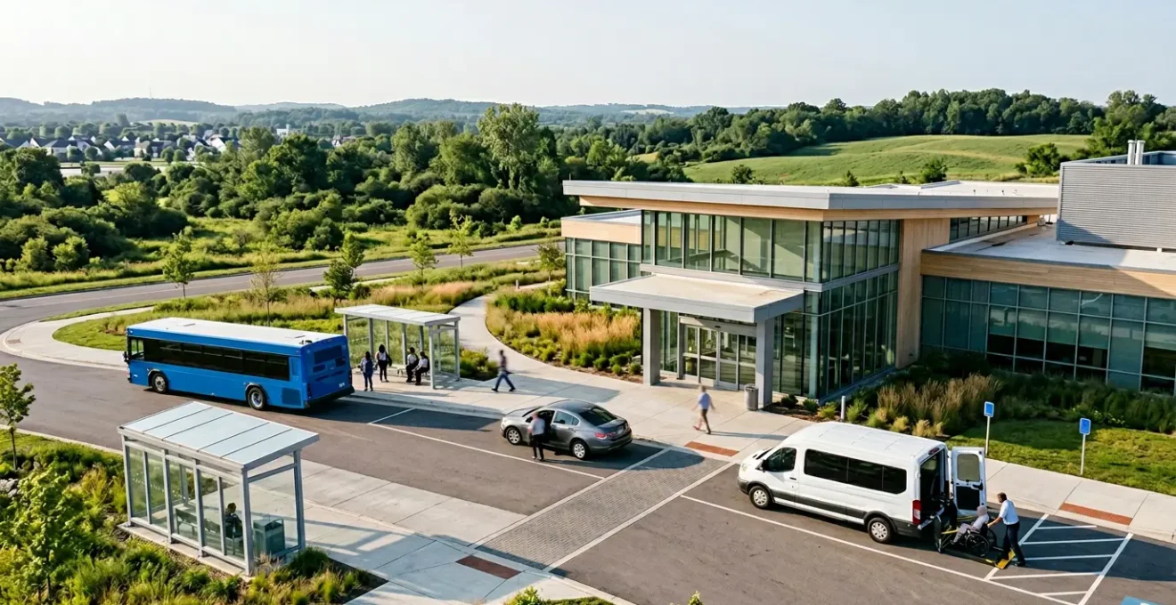 Diverse group of patients accessing different transportation methods to reach healthcare facilities