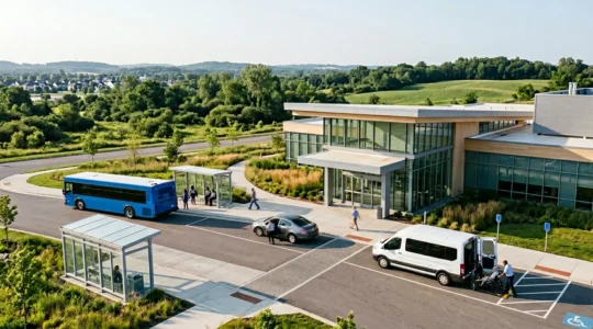 Diverse group of patients accessing different transportation methods to reach healthcare facilities