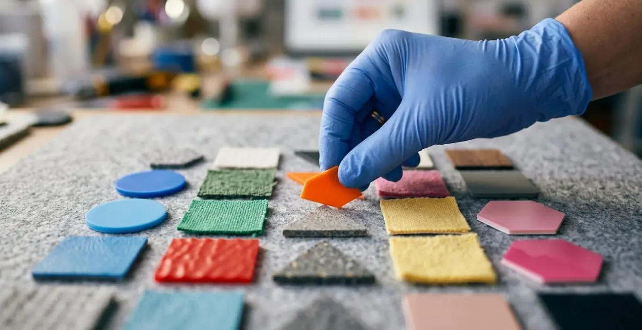 Close-up of a healthcare worker's hands arranging colorful and textural prototype materials on a planning surface.