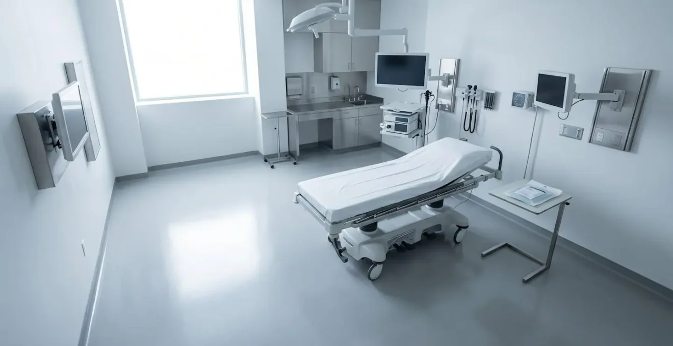 Wide environmental view of modern emergency endoscopy suite with minimal equipment setup