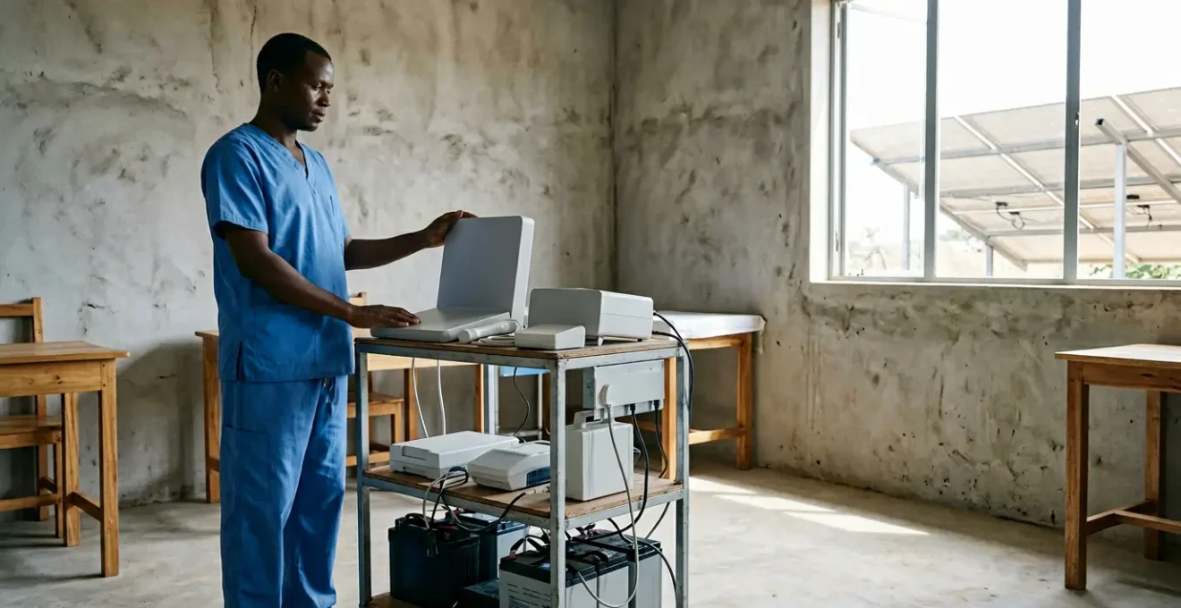 Medical professional using portable diagnostic equipment in rural setting