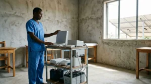 Medical professional using portable diagnostic equipment in rural setting