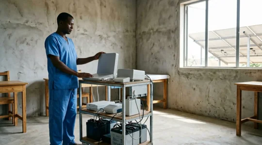 Medical professional using portable diagnostic equipment in rural setting
