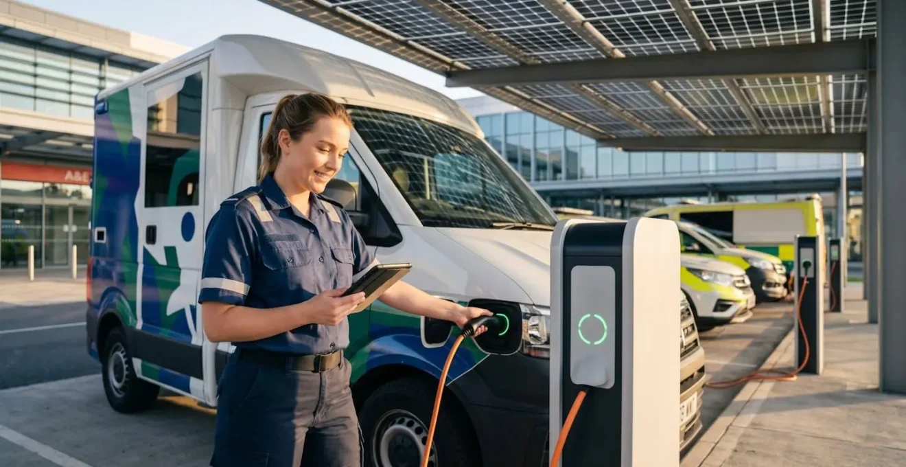 Electric ambulance connected to smart charging station with solar panels overhead during golden hour