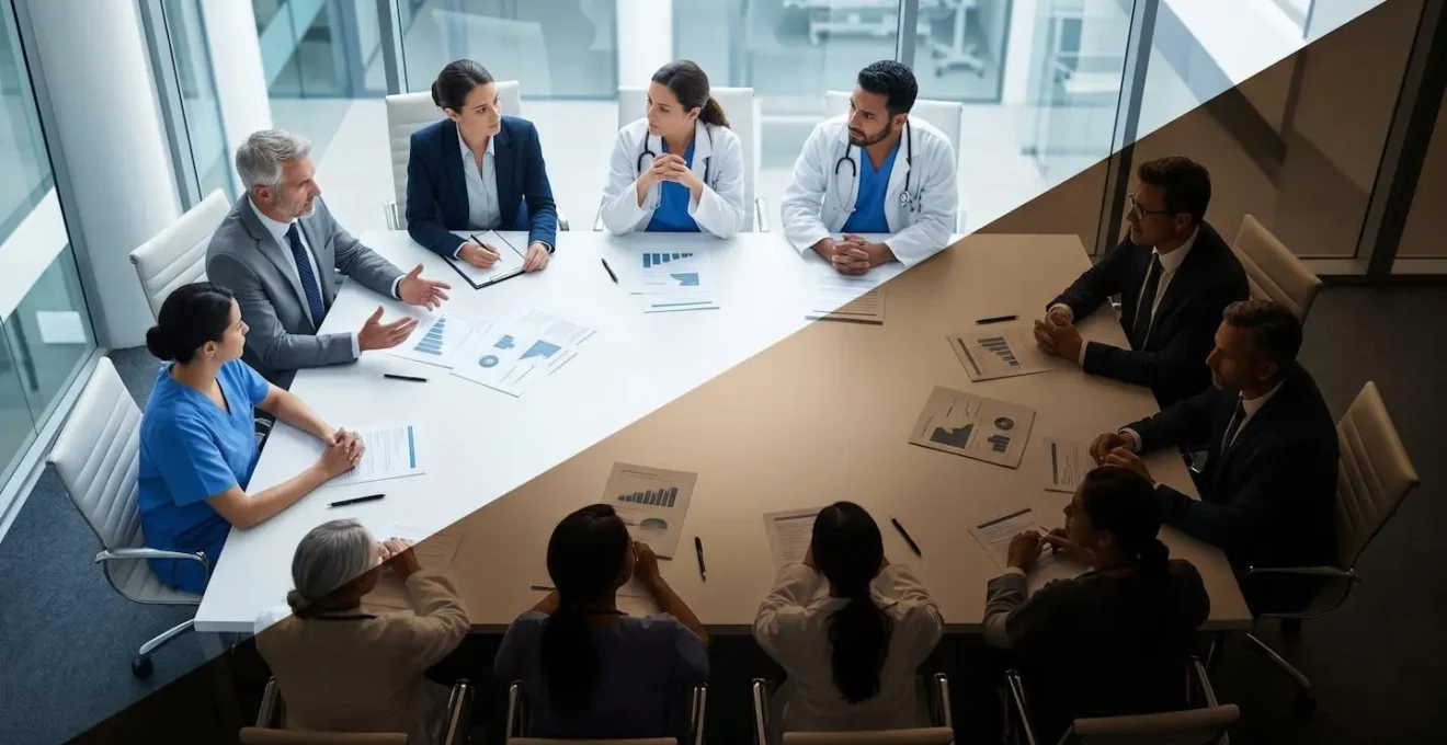 Diverse healthcare executives in serious discussion around boardroom table with financial charts and medical data displays in background