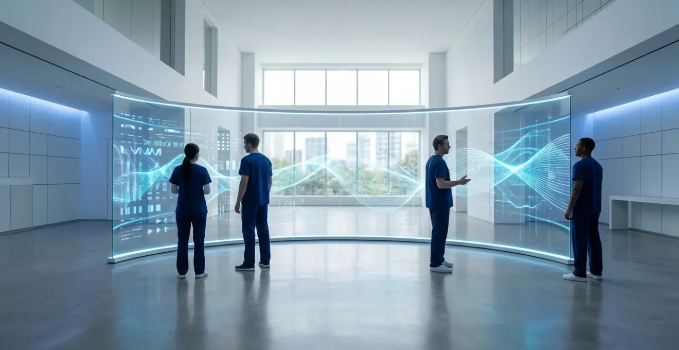 Healthcare professionals collaborating around digital data visualization showing interconnected hospital systems