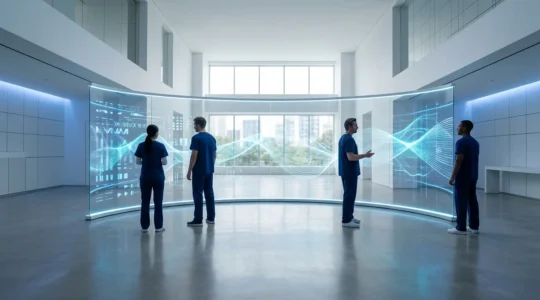 Healthcare professionals collaborating around digital data visualization showing interconnected hospital systems