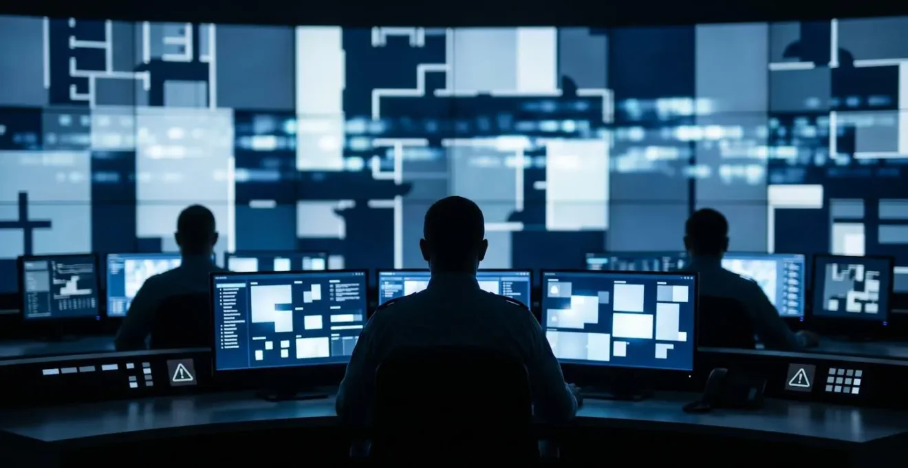 Security command center with multiple monitoring displays showing hospital floor layouts