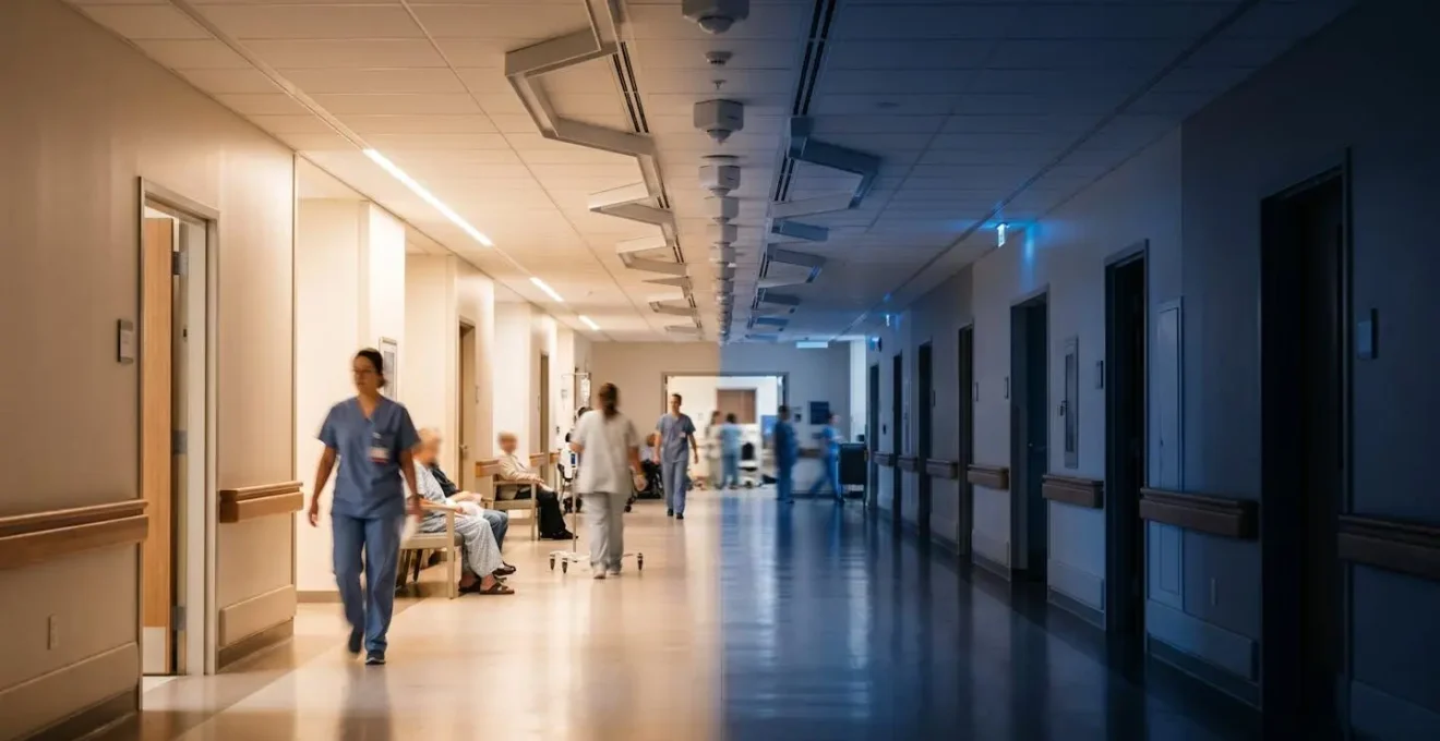 Hospital corridor with adaptive LED lighting responding to natural daylight through large windows