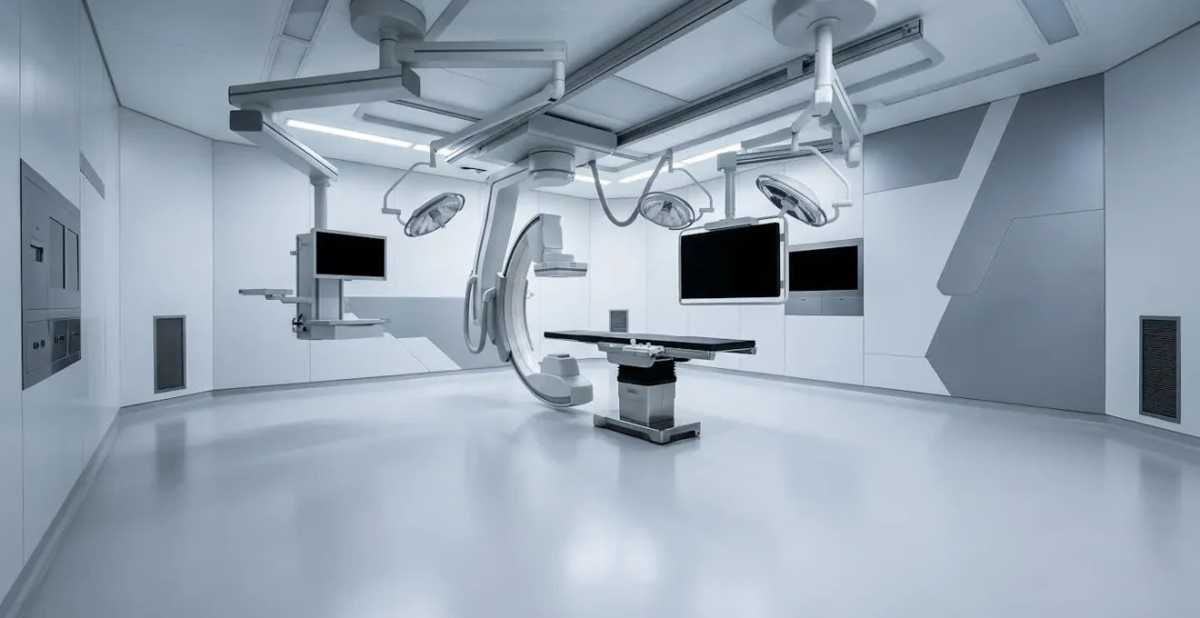 Wide angle view of modern hybrid OR with ceiling-mounted imaging systems
