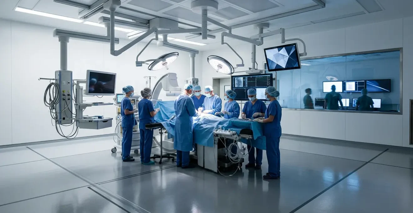 Advanced hybrid operating room with medical team performing integrated cardiovascular and neurological surgery
