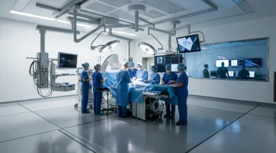 Advanced hybrid operating room with medical team performing integrated cardiovascular and neurological surgery