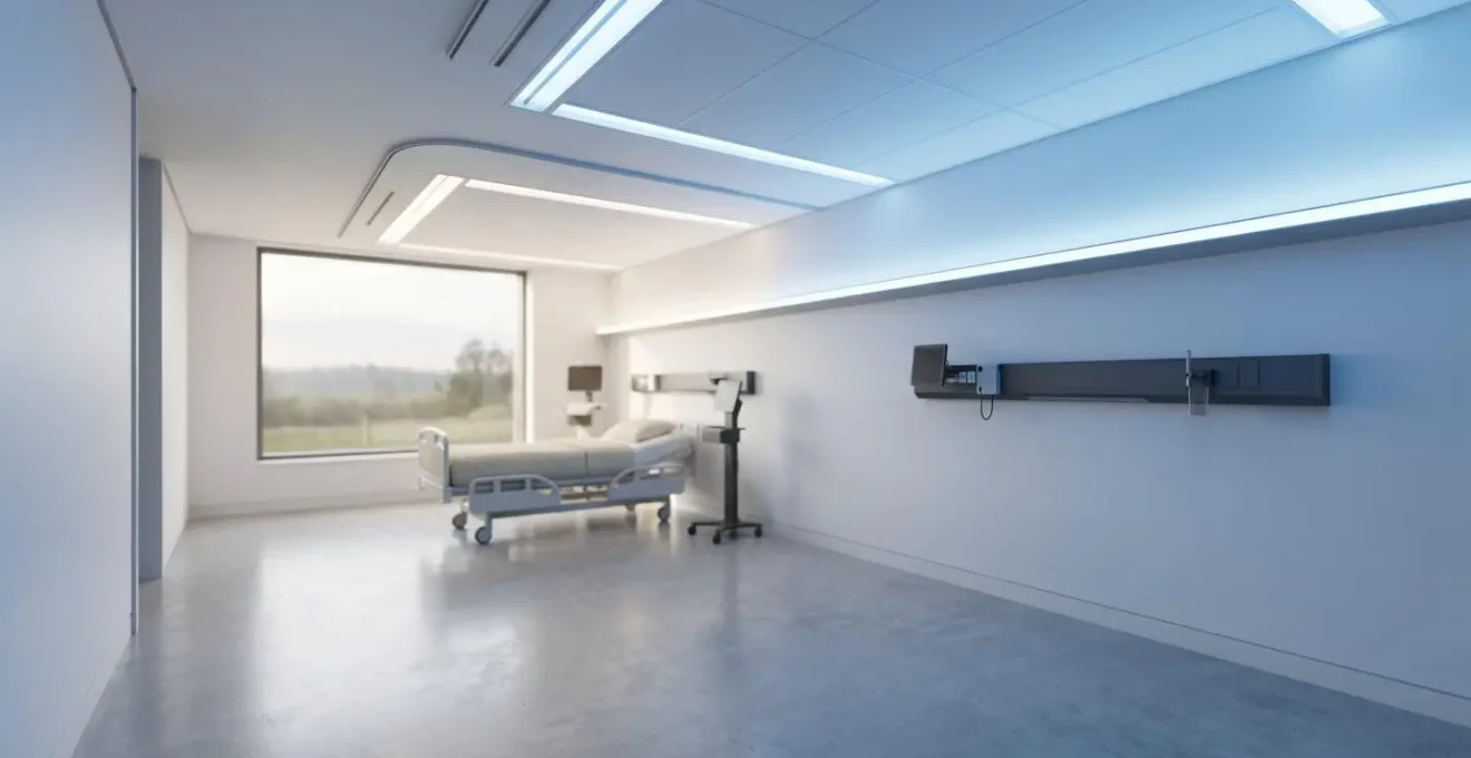 ICU room with dynamic lighting system showing morning blue-enriched illumination