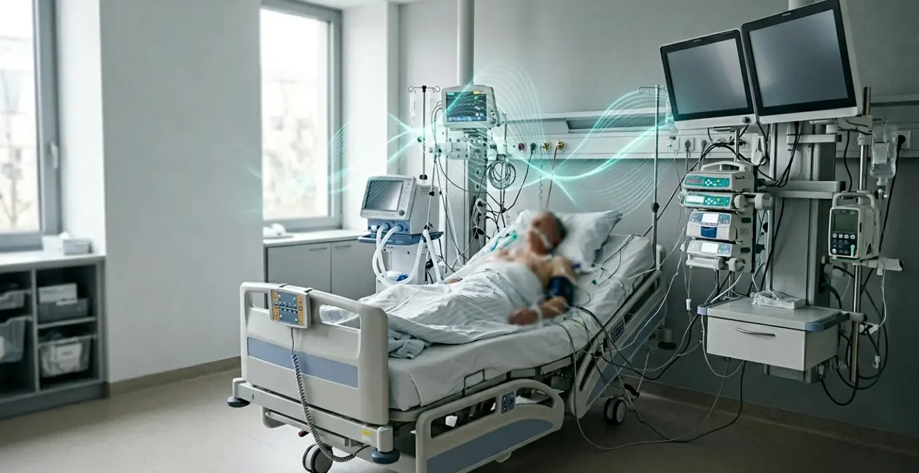 ICU environment showcasing ECG monitoring equipment with electromagnetic interference visualization