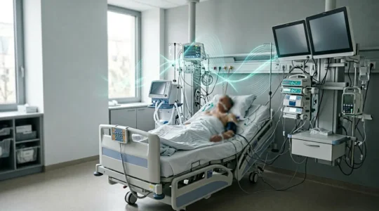 ICU environment showcasing ECG monitoring equipment with electromagnetic interference visualization