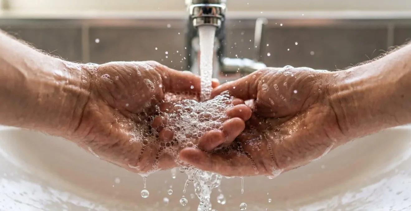Close-up of innovative hand washing signage using identity-priming messages in a modern workplace