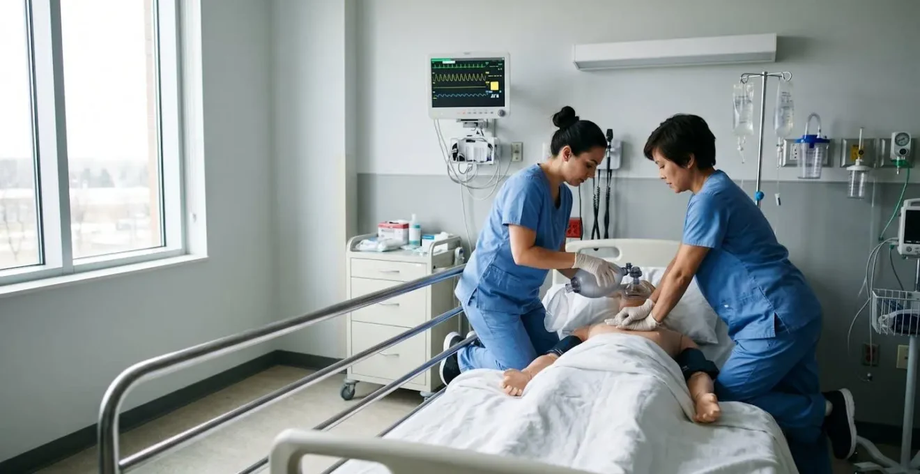 Healthcare professionals conducting in-situ simulation training in actual hospital room