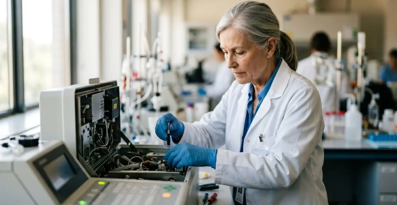 Laboratory technician performing analyzer maintenance during optimized off-peak window