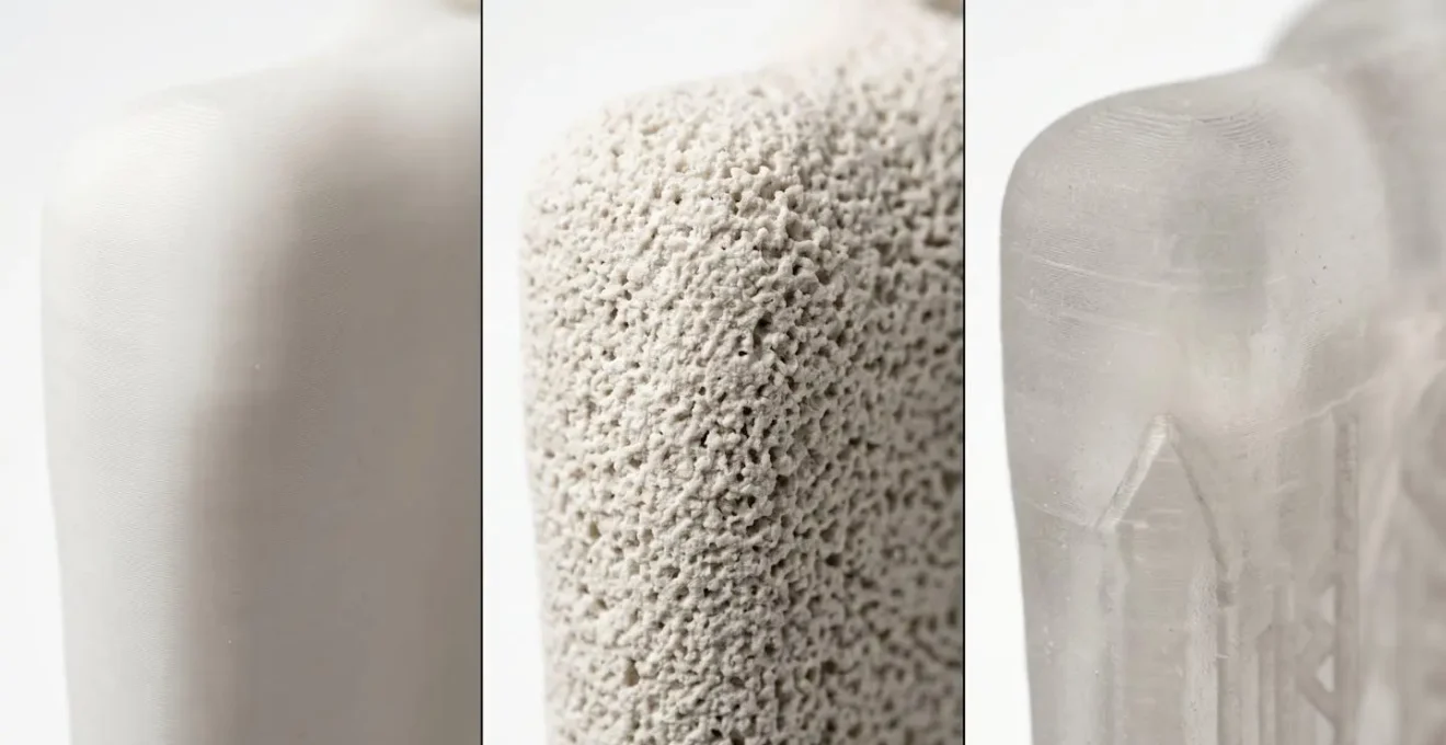 Extreme close-up comparison of 3D printed bone materials showing porous structures and textures