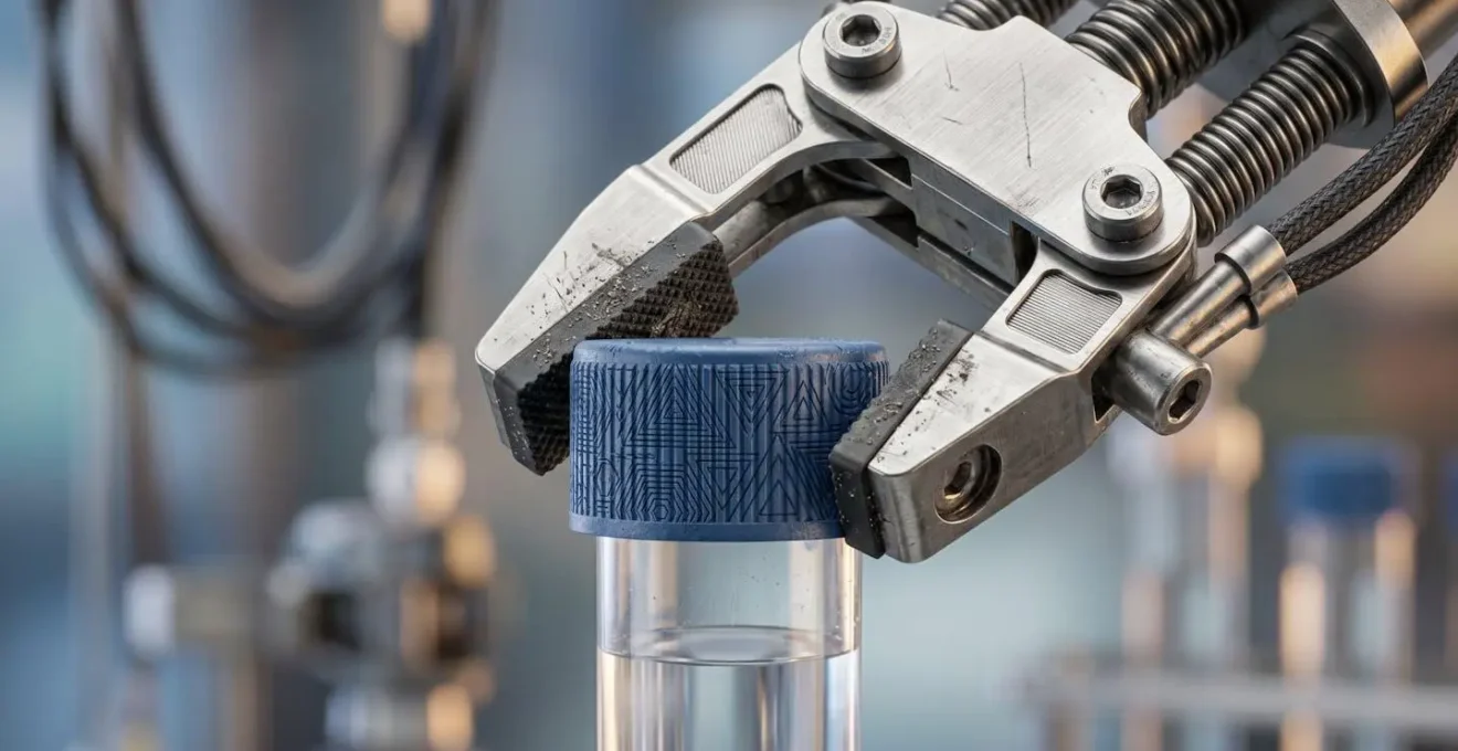 Extreme close-up of automated tube decapping mechanism in laboratory