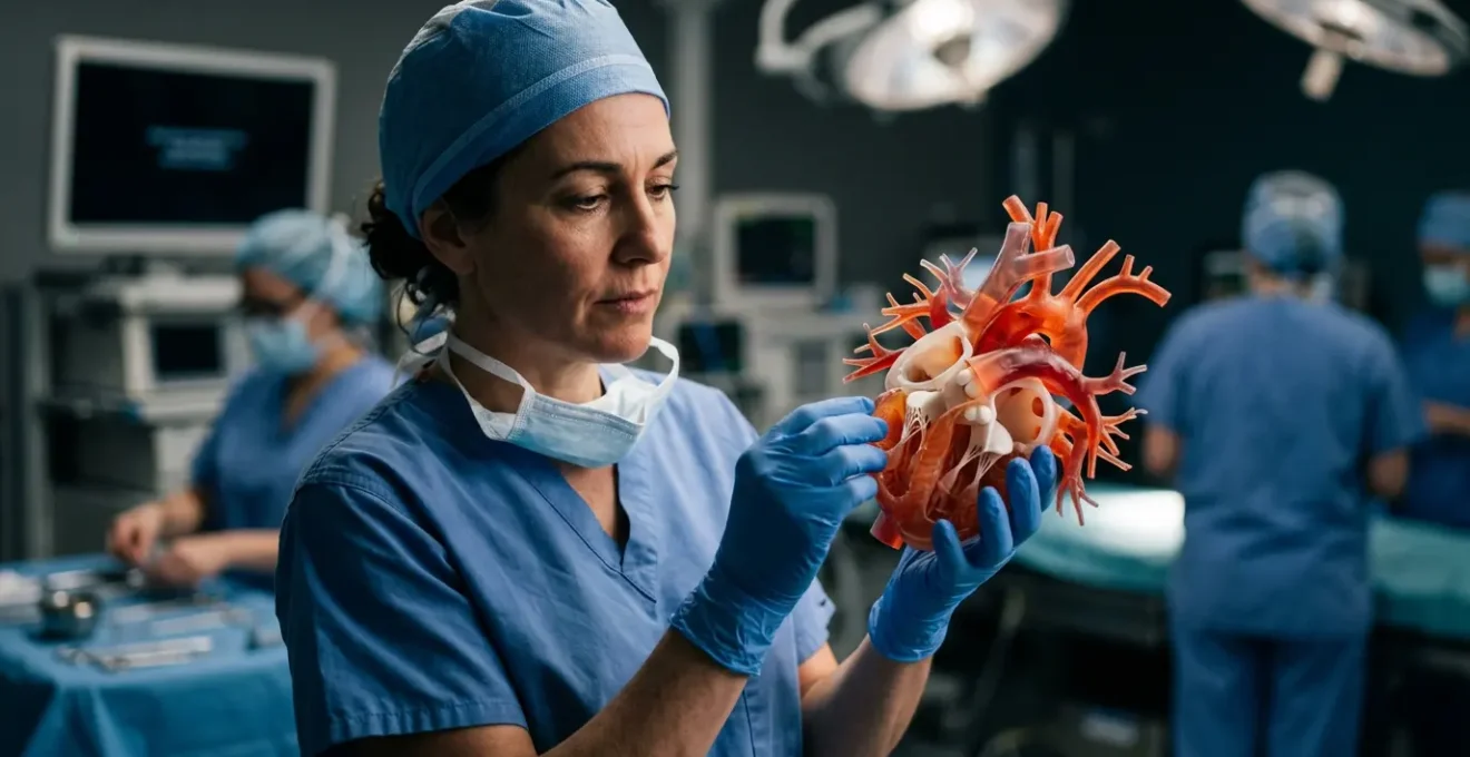 Surgeon examining a detailed 3D printed anatomical heart model in a modern operating room with medical team in preparation