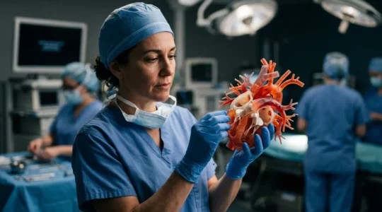 Surgeon examining a detailed 3D printed anatomical heart model in a modern operating room with medical team in preparation