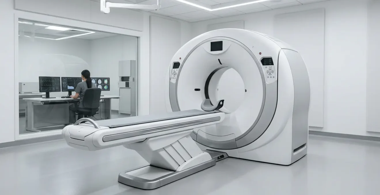 Modern CT scanner in clinical setting with visual representation of dose optimization technology