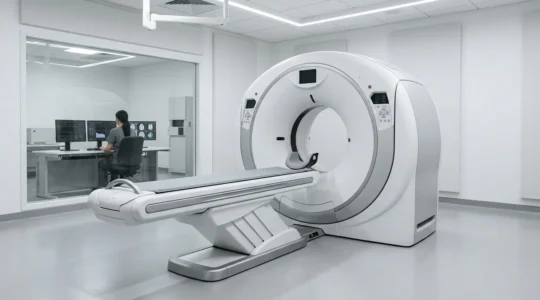 Modern CT scanner in clinical setting with visual representation of dose optimization technology