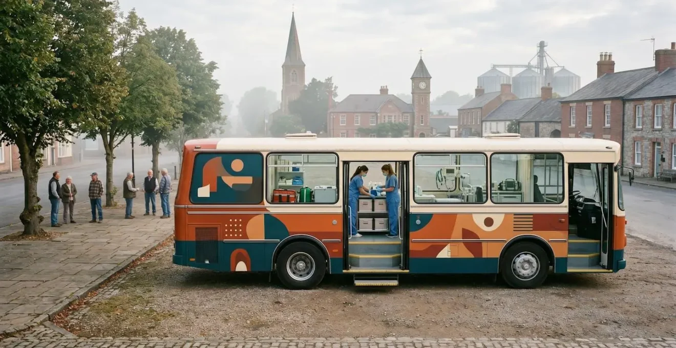 Healthcare workers providing services from a mobile clinic bus in a rural setting