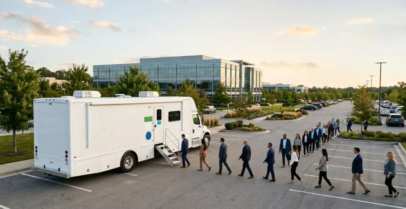 Mobile health screening van positioned in corporate parking lot with organized employee flow