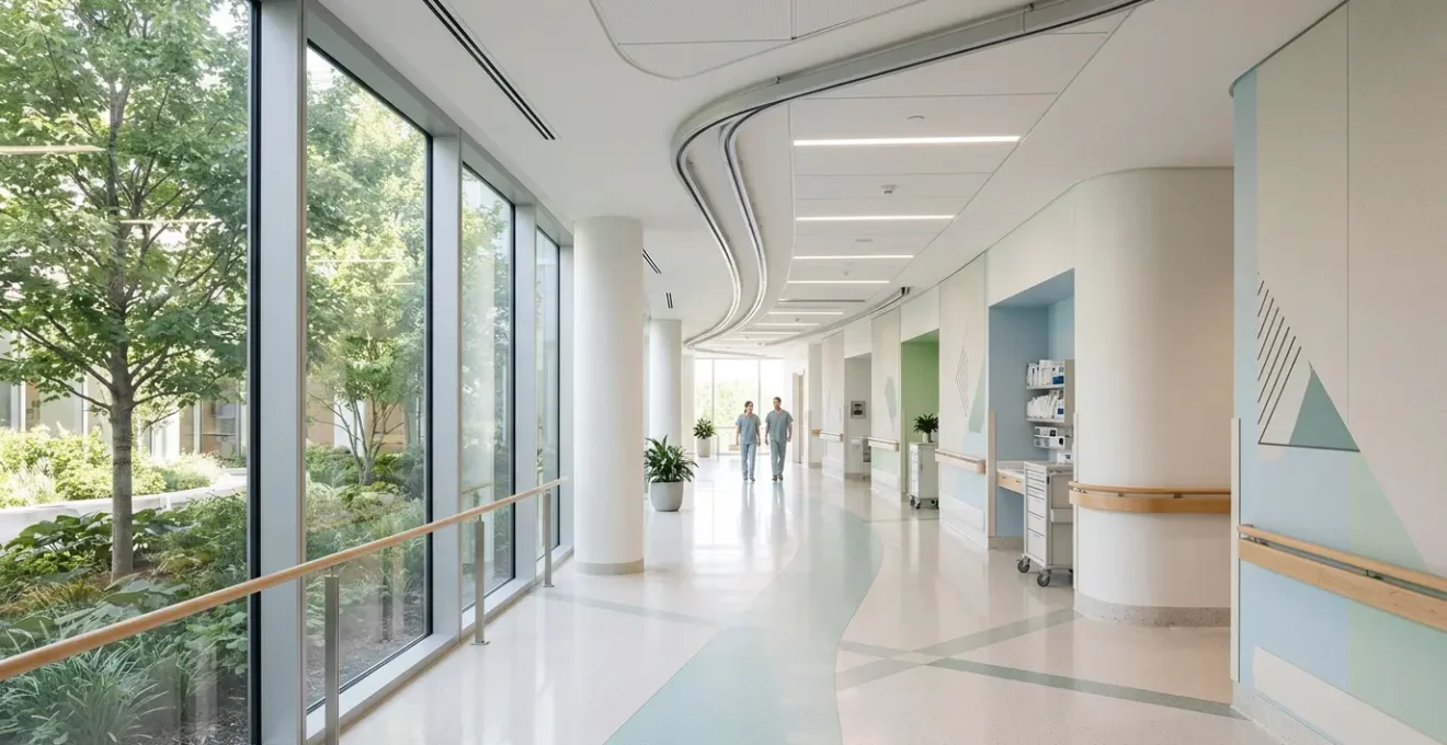 Modern hospital corridor showcasing ergonomic design features with spacious layout and ceiling-mounted equipment