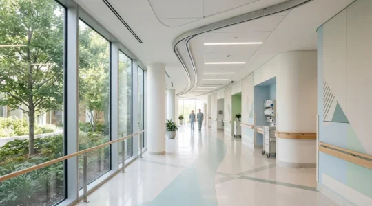 Modern hospital corridor showcasing ergonomic design features with spacious layout and ceiling-mounted equipment