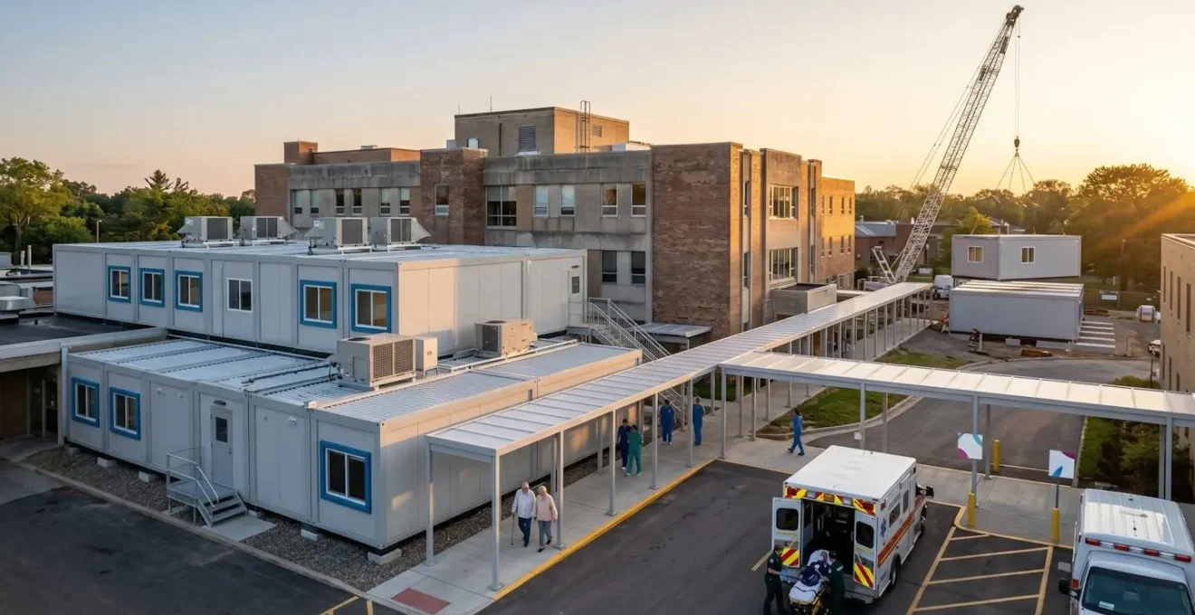 Wide view of temporary modular units beside hospital during phased renovation