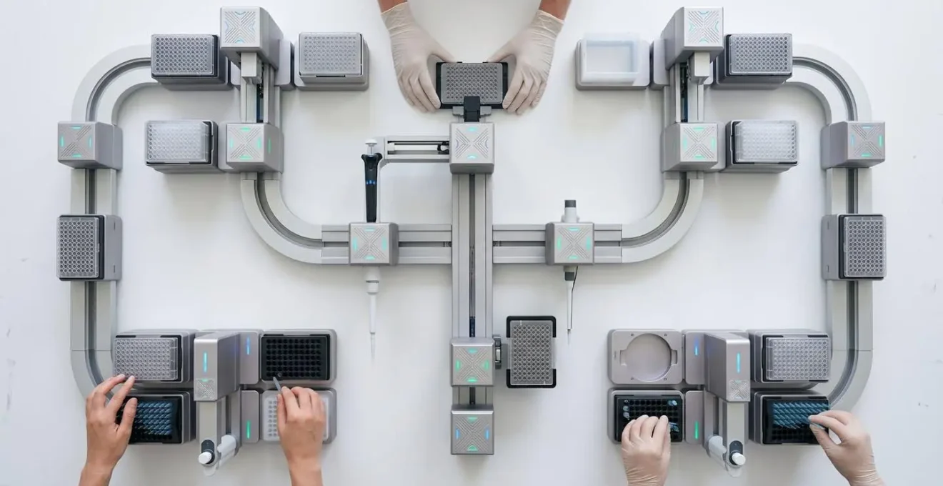 Overhead view of modular automated liquid handling system integrated into laboratory workflow