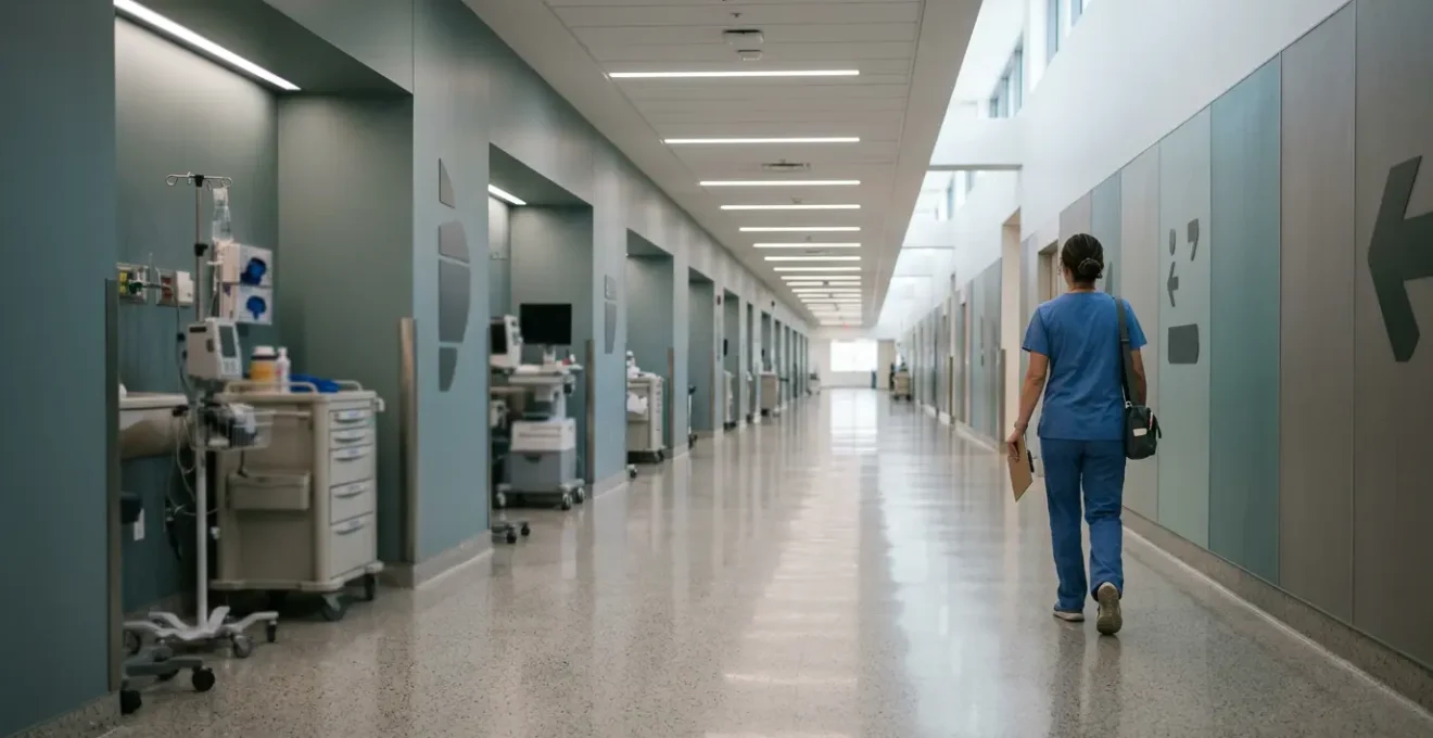 Healthcare professional walking down a long hospital corridor with equipment out of reach