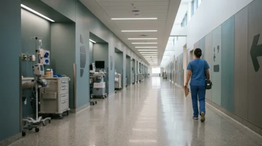 Healthcare professional walking down a long hospital corridor with equipment out of reach