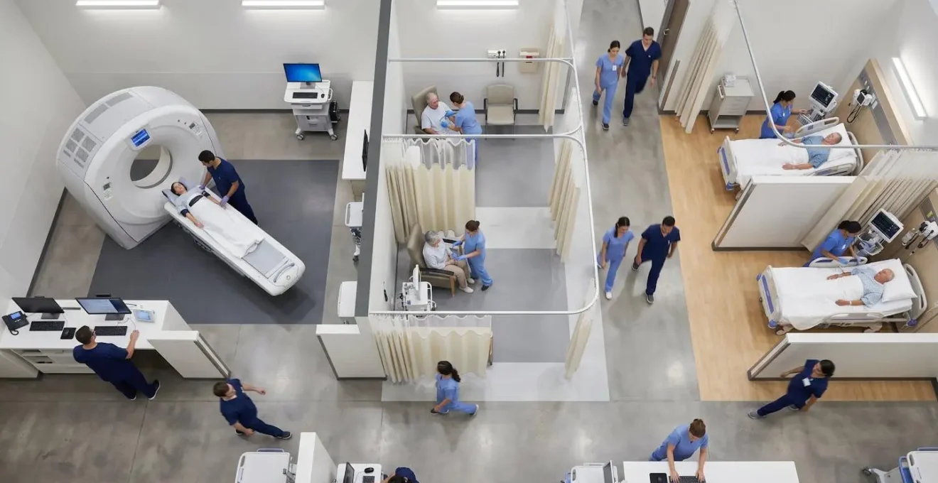 Aerial view of optimized CT suite showing parallel patient processing workflow