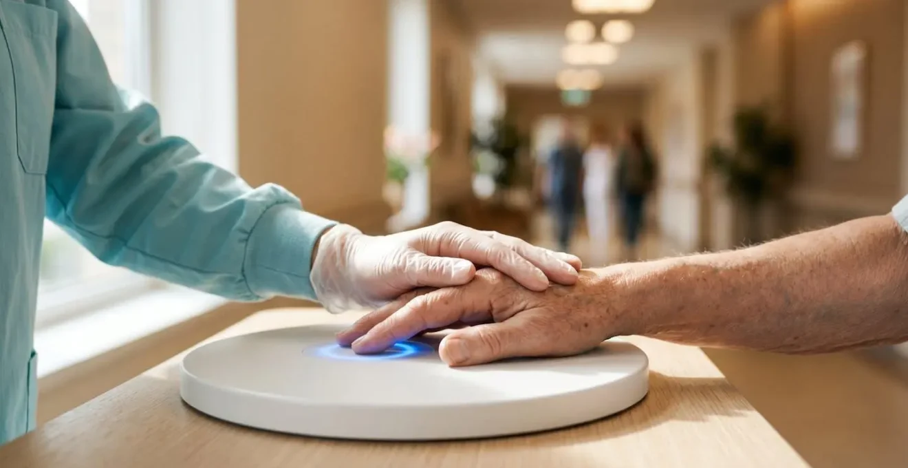 Healthcare professional verifying patient identity through biometric scanning, representing a secure patient matching solution